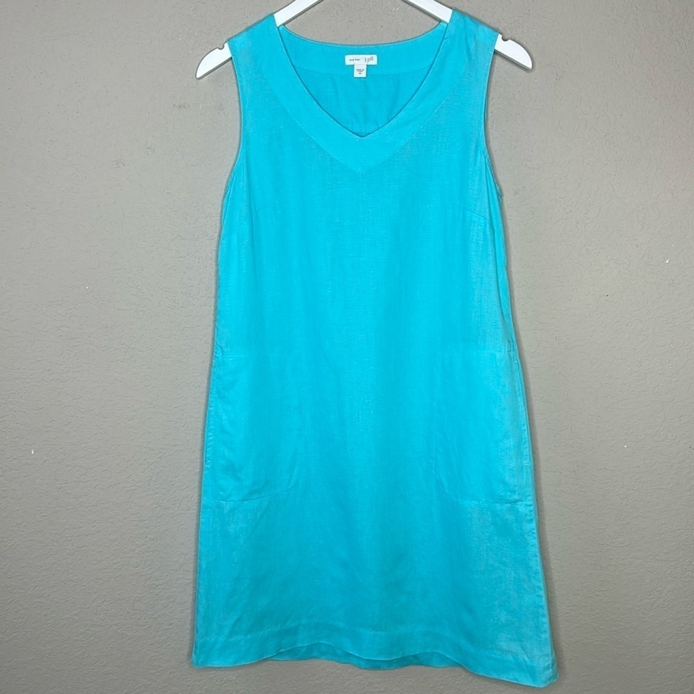 J.Jill‎ Women's Love Linen 100% Linen V-Neck Shift Jumper Dress Ocean Blue XS